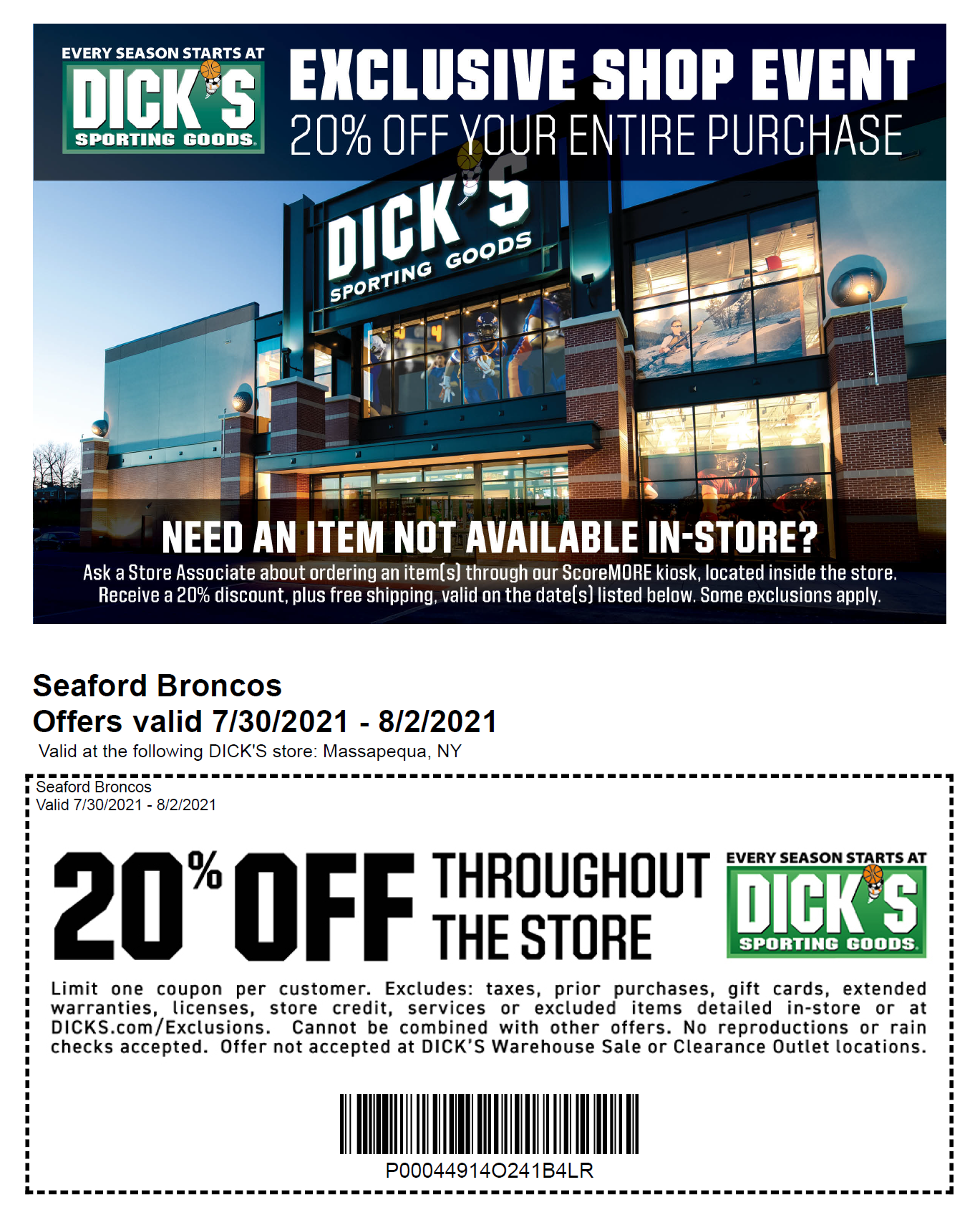 DICK’S 20 off coupon Long Island Broncos
